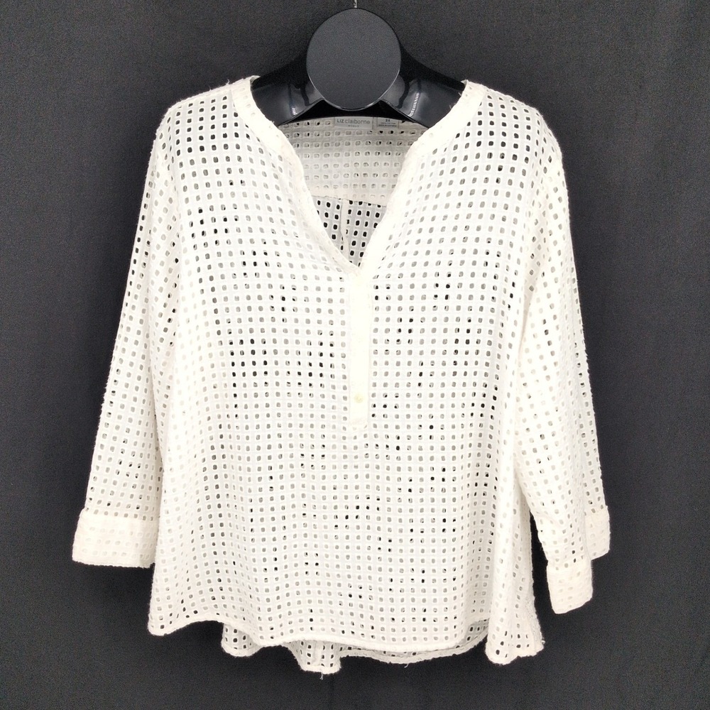Ivory Eyelet Cutout Tunic Top Crochet Coastal Resort Minimalist 3/4 Sleeve 3X